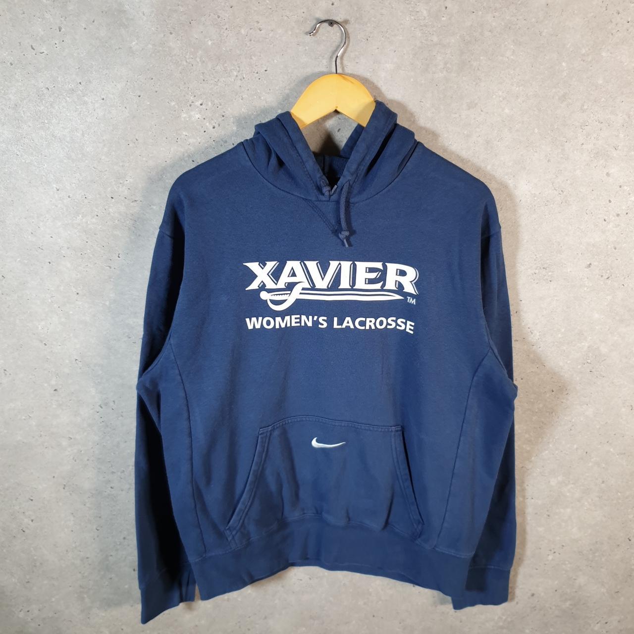Vintage Nike Centre Swoosh Xavier Lacrosse Hoodie Men’s Small Navy Blue Swoosh Y2K