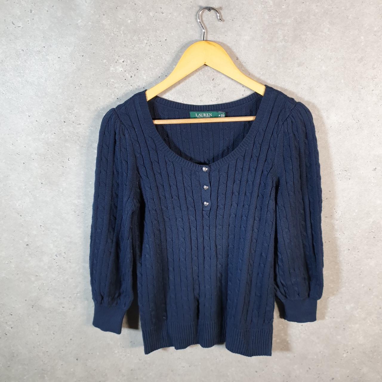 Vintage Ralph Lauren Cable Knit Sweater Womens Medium Navy Blue 1/4 Button Pullover