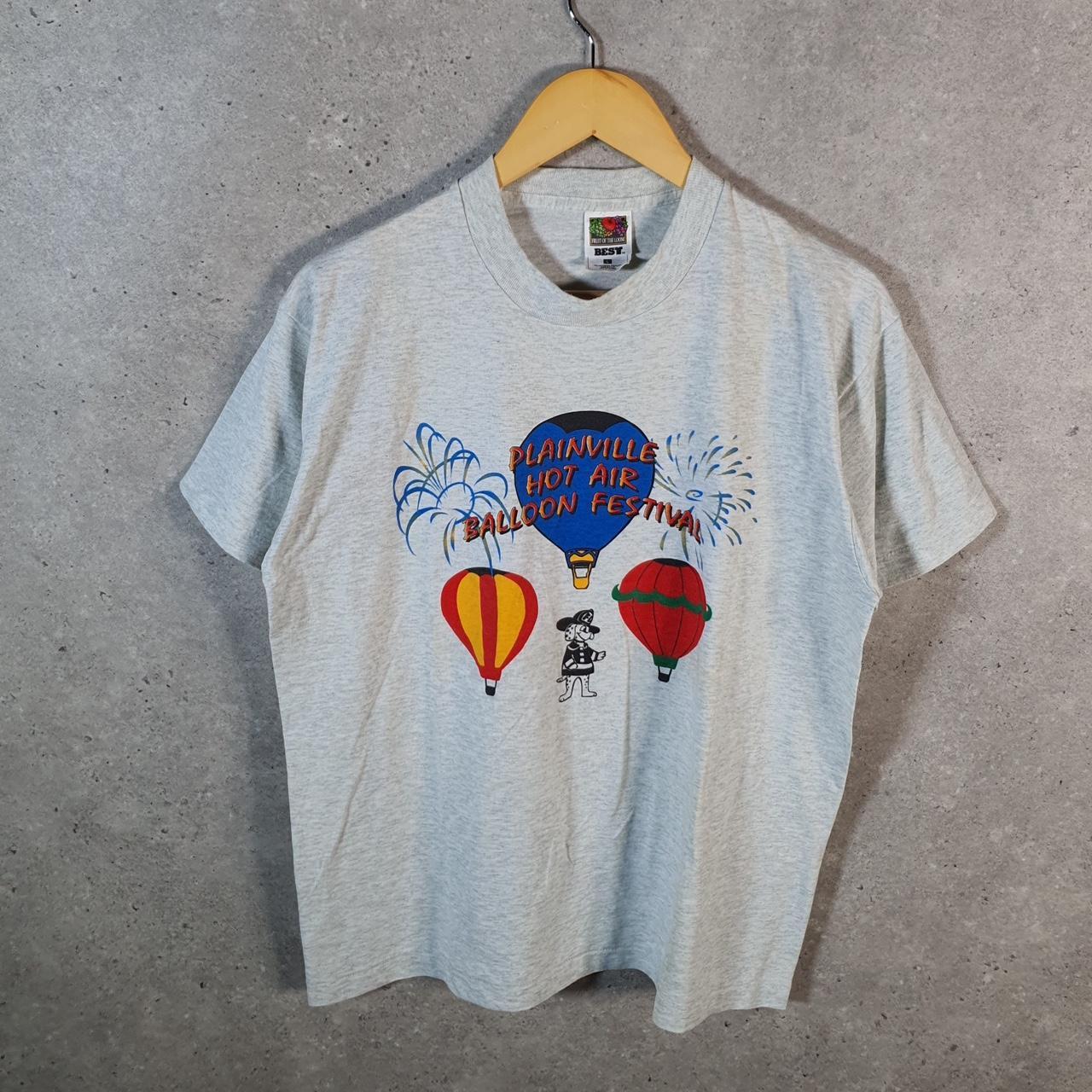 Vintage Fruit of the Loom Plaiville Hot Air Balloon 90s USA Single Stitch T Shirt Men’s Large Grey