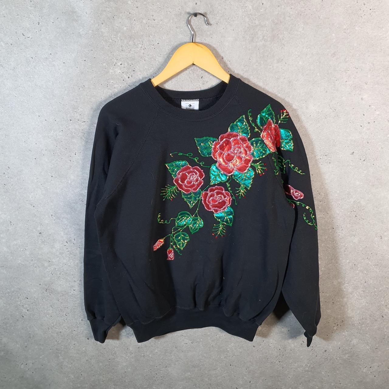 Vintage Lee Midweight Sweatshirt Men’s Large Black USA Flowers Embroidered