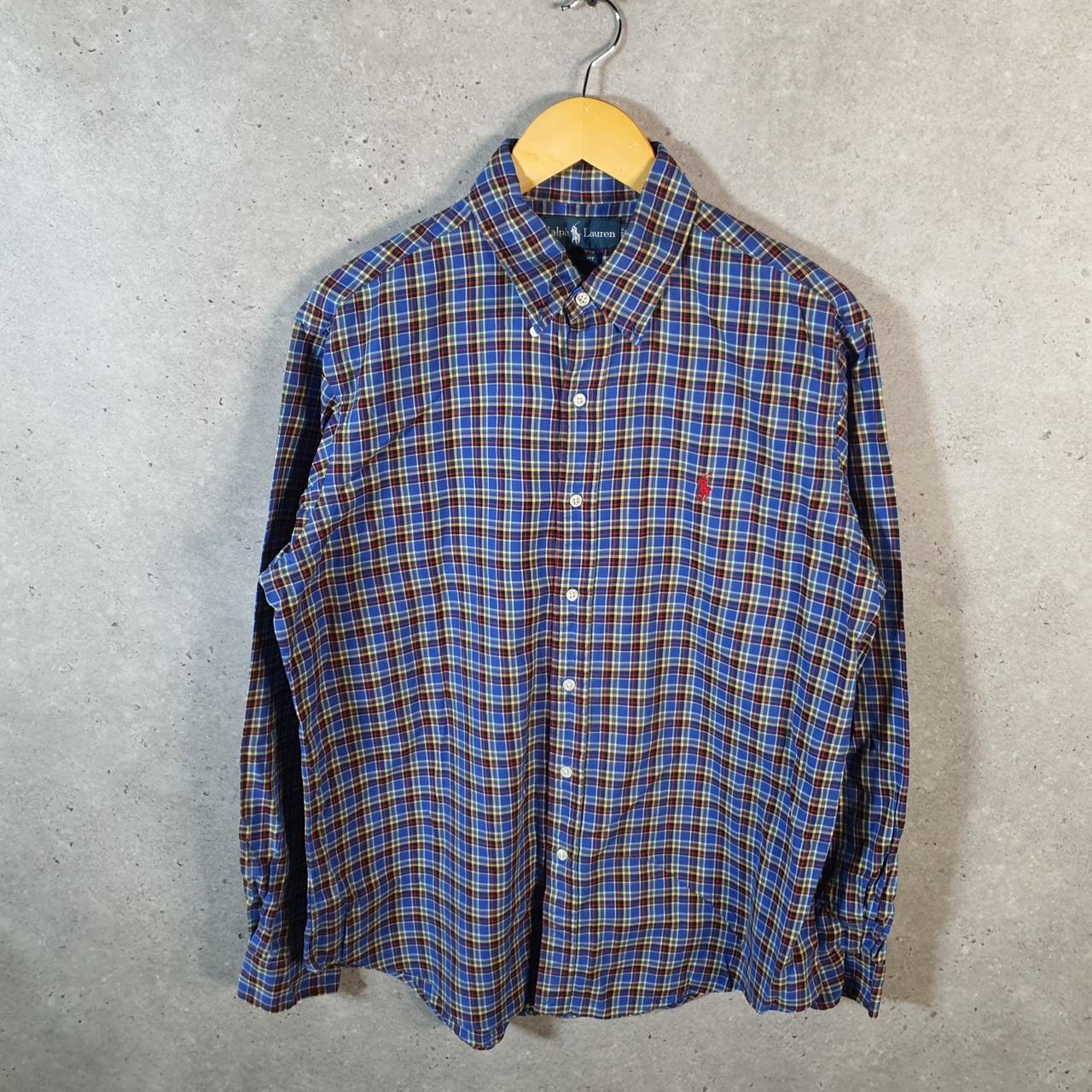Vintage Ralph Lauren Button Down Shirt Men’s Large Blue Checkered Custom Fit Pony