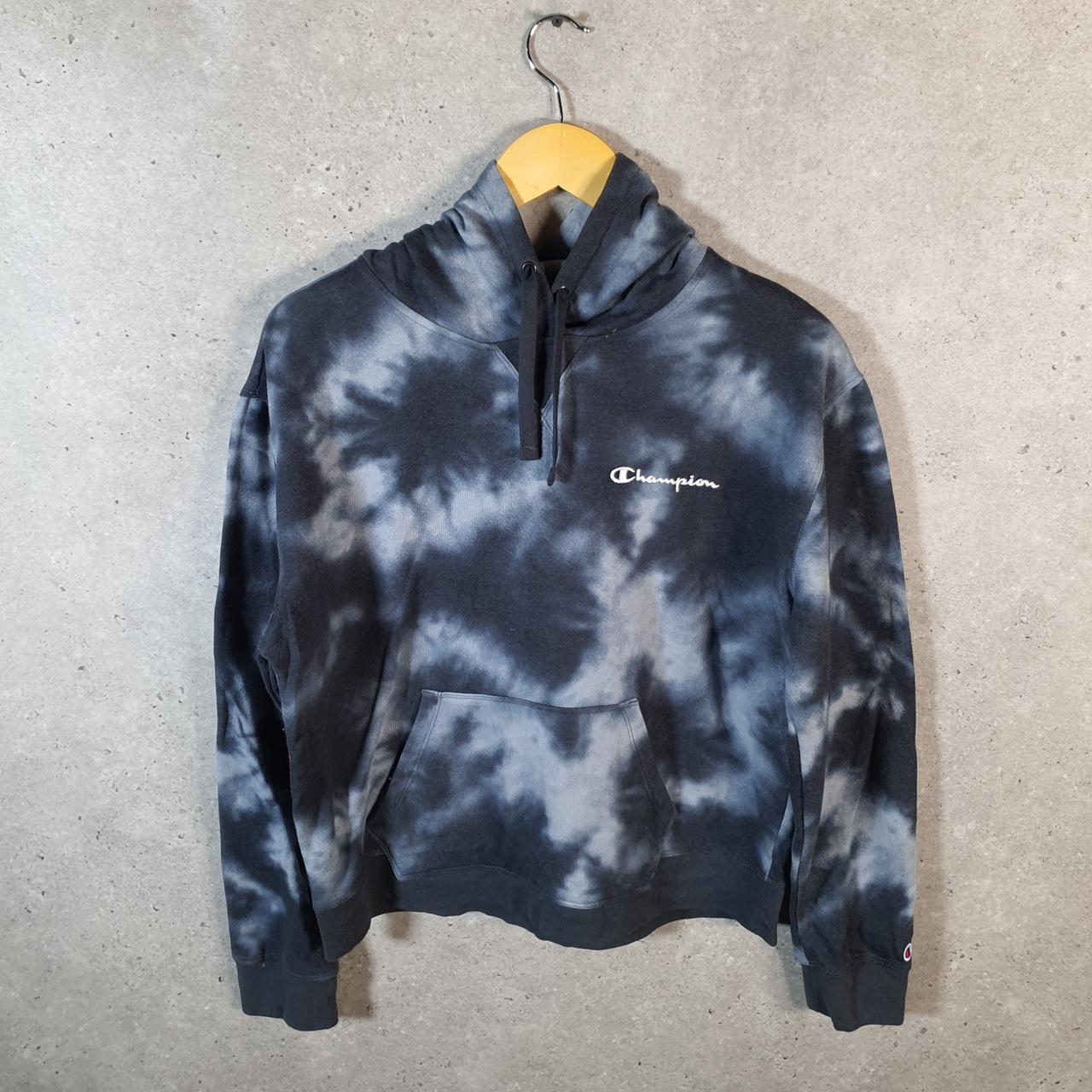 Vintage Champion Hoodie Womens Large Grey Tie Dye USA Pullover Spellout Logo