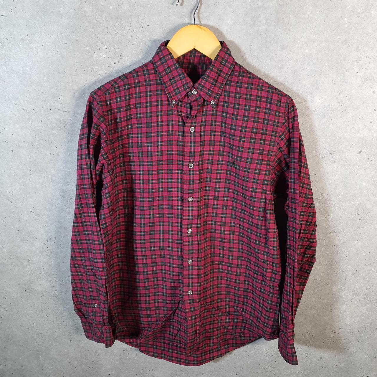 Vintage Ralph Lauren Button Down Shirt Men’s Small Burgundy Checkered Cotton Pony
