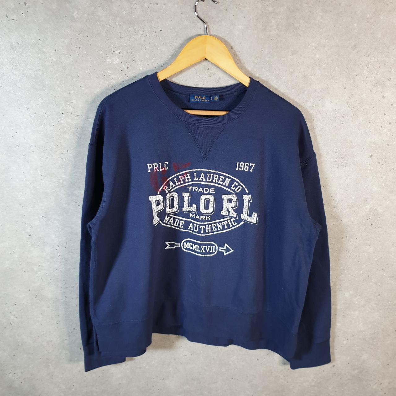 Vintage Ralph Lauren Polo Spellout Sweatshirt Men’s Large Navy Blue Cotton Pullover Pony