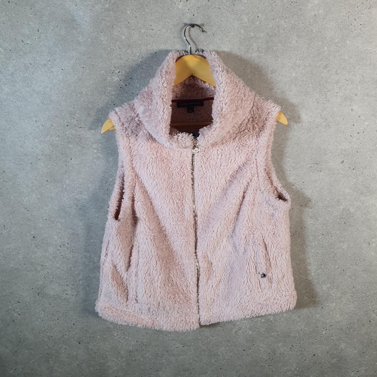 Vintage Tommy Hilfiger Full Zip Fleece Gilet Womens Large Pink Spellout Logo Winter