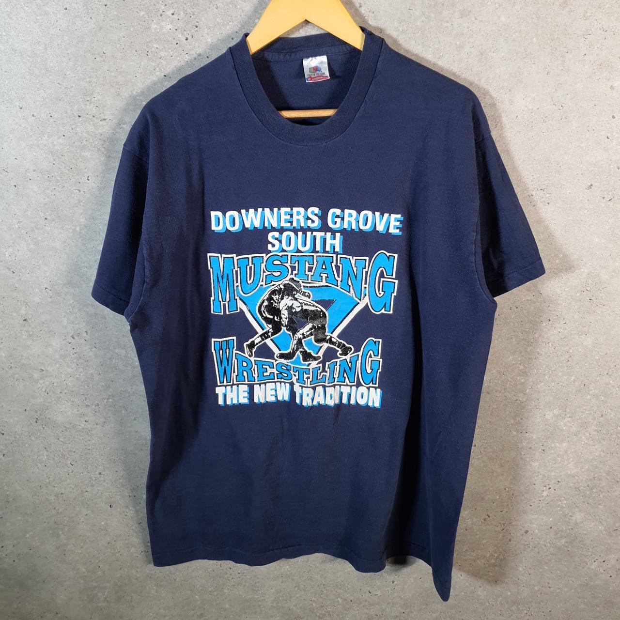 Vintage Fruit of the Loom Mustang Wrestling 90s USA Single Stitch T Shirt Men’s XL Blue