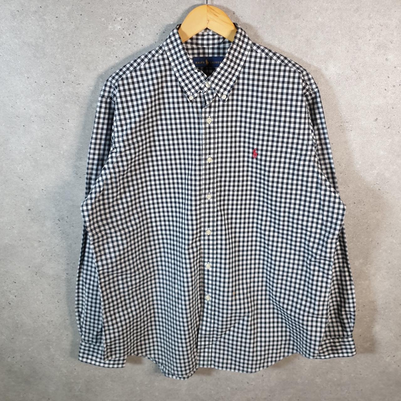 Vintage Ralph Lauren Button Down Shirt Men’s XL Grey Checkered Custom Fit Pony Cotton Big Fish Vintage