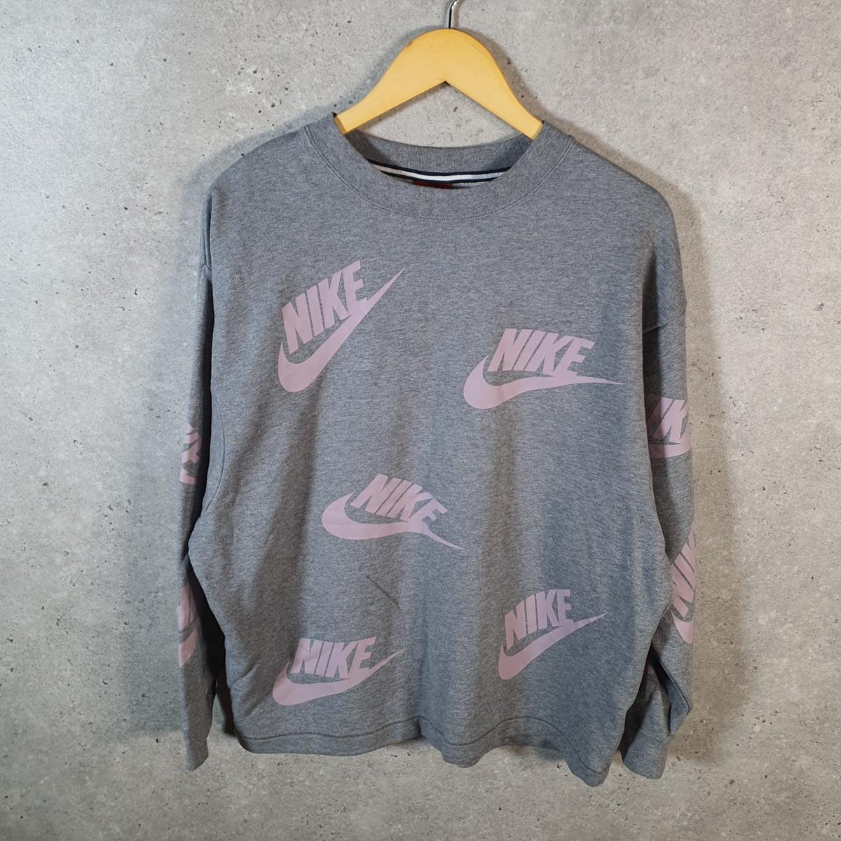 Vintage Nike All Over Print Sweatshirt Mens Small Grey AOP Swoosh Logo