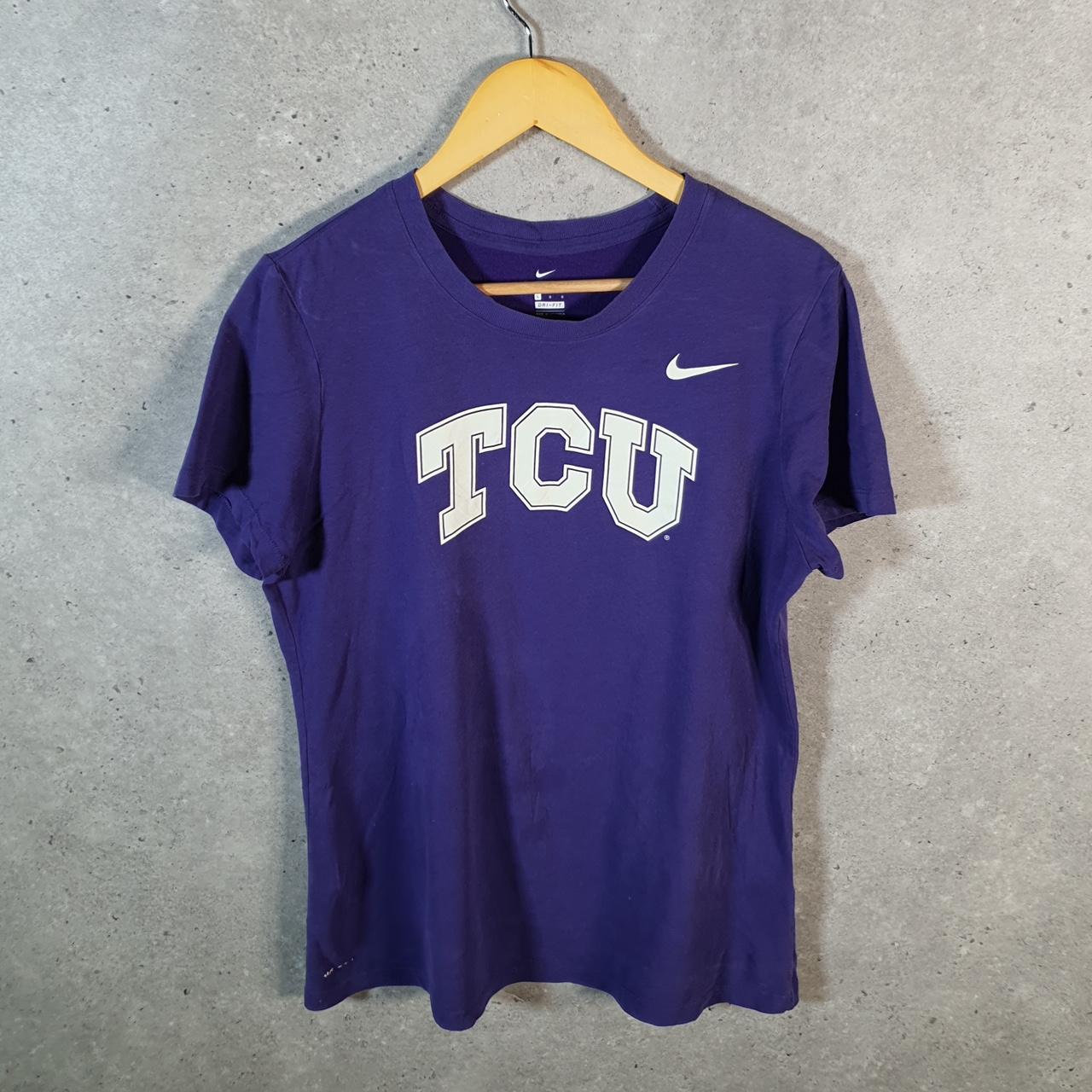 Vintage Nike Dri Fit TCU USA T Shirt Womens Large Purple Spellout Swoosh Athletic