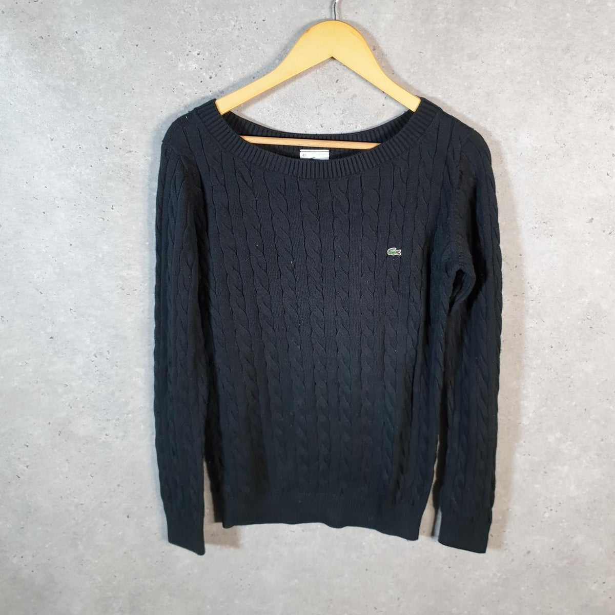Vintage Lacoste Sweatshirt Cable Knit Womens Medium Black Pullover Logo Y2K Jumper