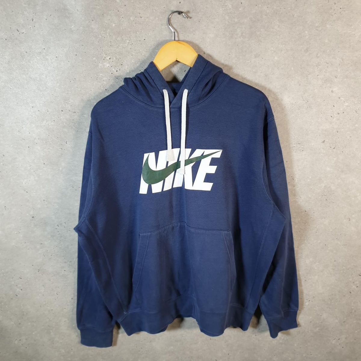 Vintage Nike Club Spellout Hoodie Men’s Large Navy Blue Swoosh Y2K Pullover