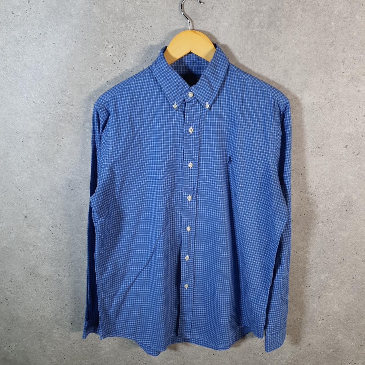 Vintage Ralph Lauren Button Down Shirt Mens Medium Blue Checkered Cotton Pony