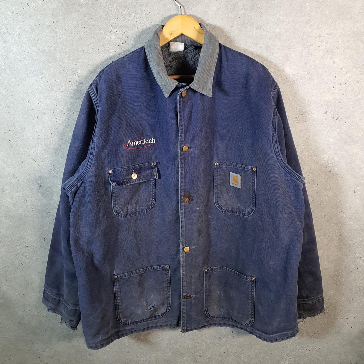 Vintage Carhartt Barn Chore Blanket Lined Jacket Men’s Large Blue Canvas USA Big Fish Vintage