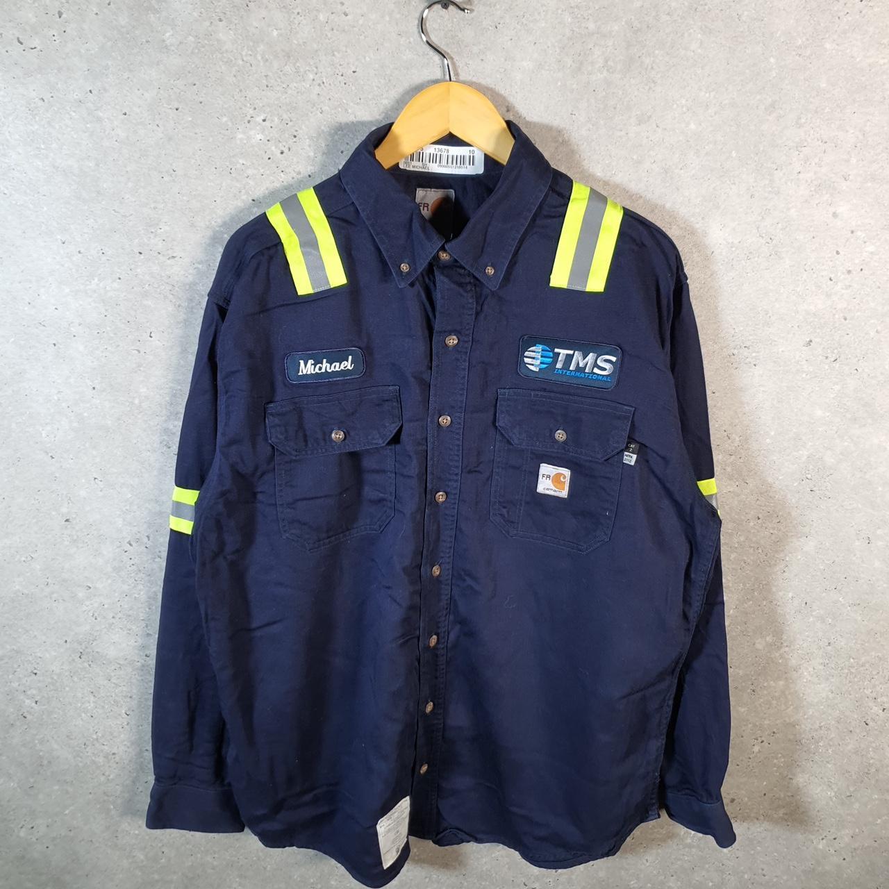 Vintage Carhartt FR Shirt Button Down Mens Large Navy Blue Long Sleeve Utility Relaxed Fit