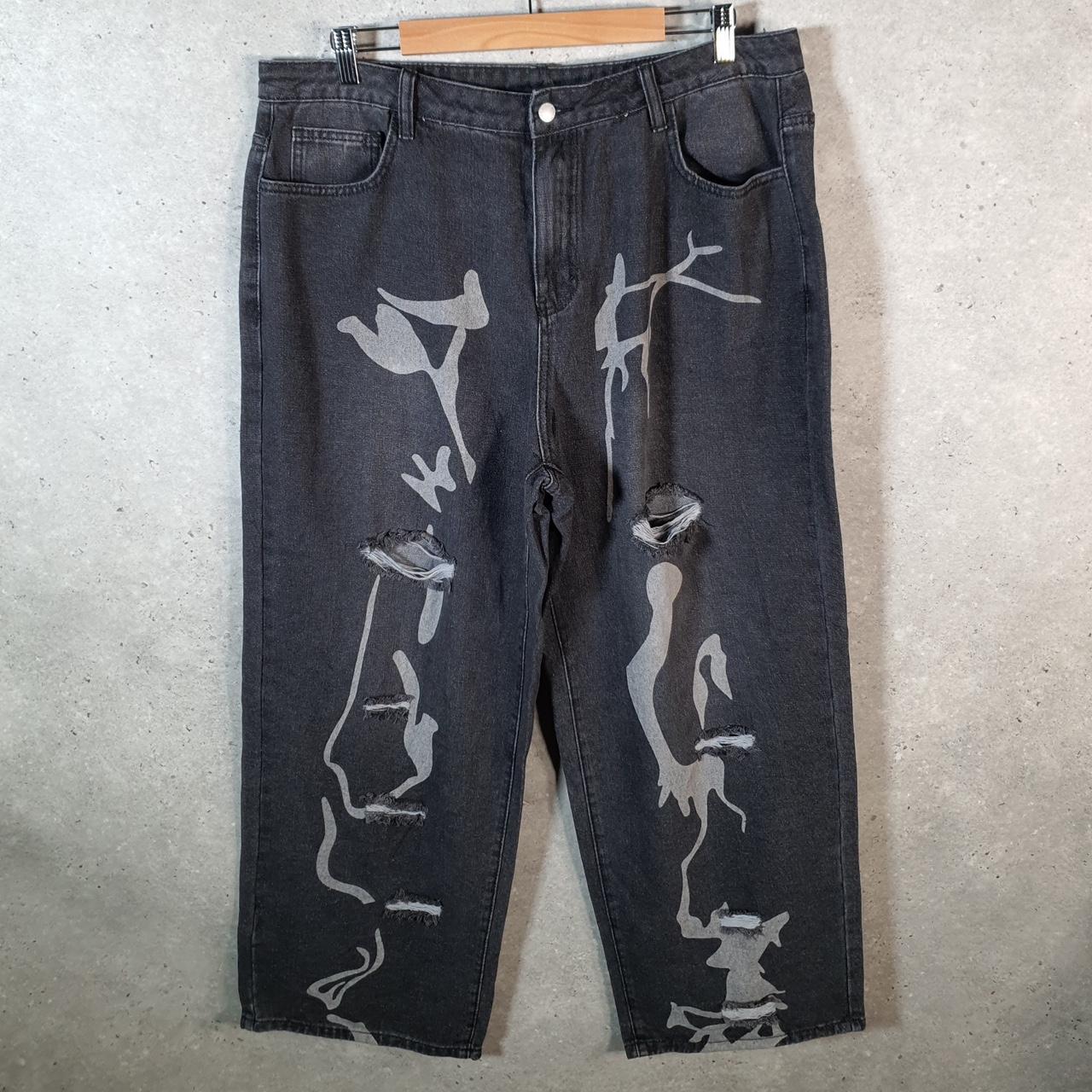 Shein Curvy Graphic Y2K Hip Hop Jeans Womens XL Grey Denim USA Big Fish Vintage