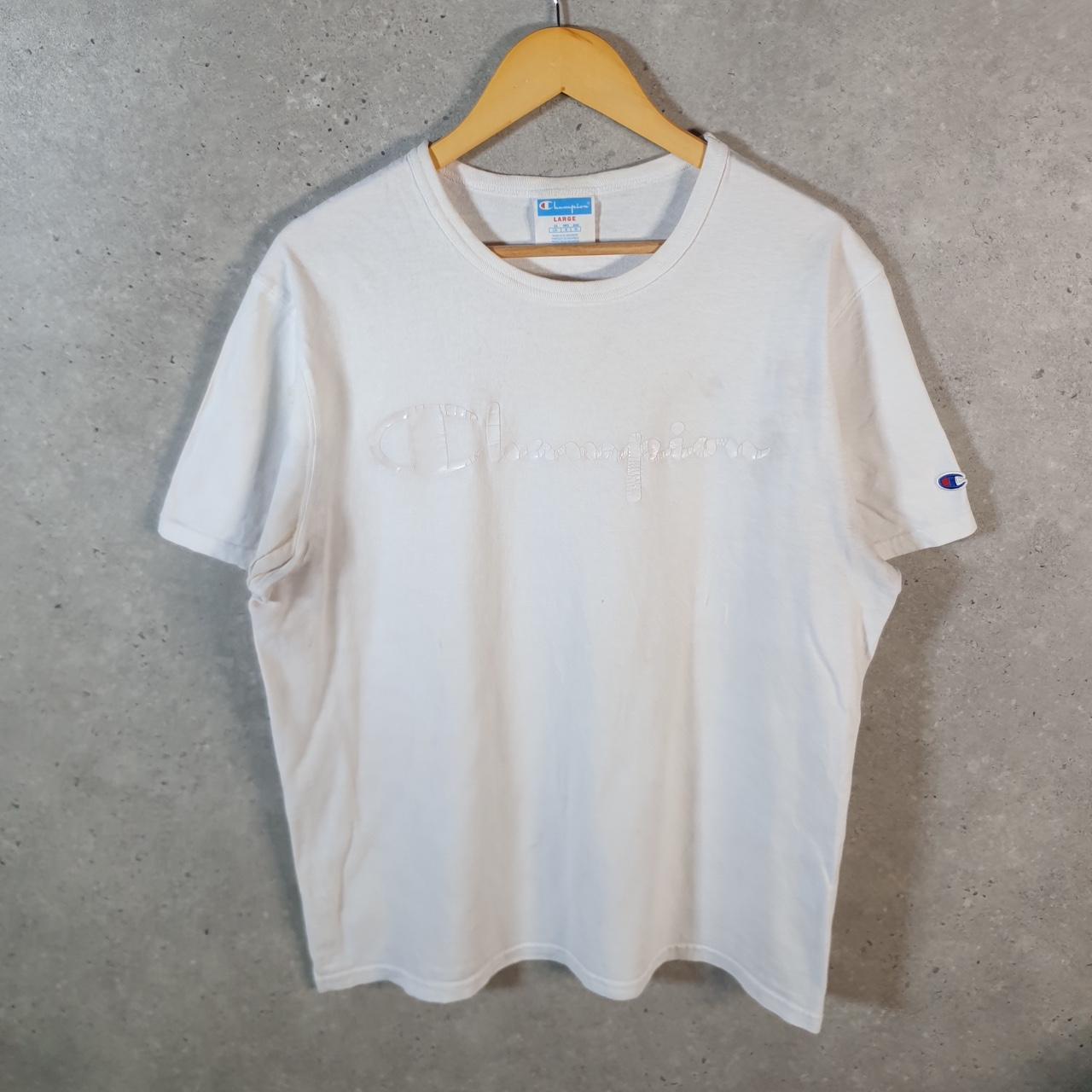 Vintage Champion Spellout Embroidered T Shirt Men’s Large White Casual Blank Athletic