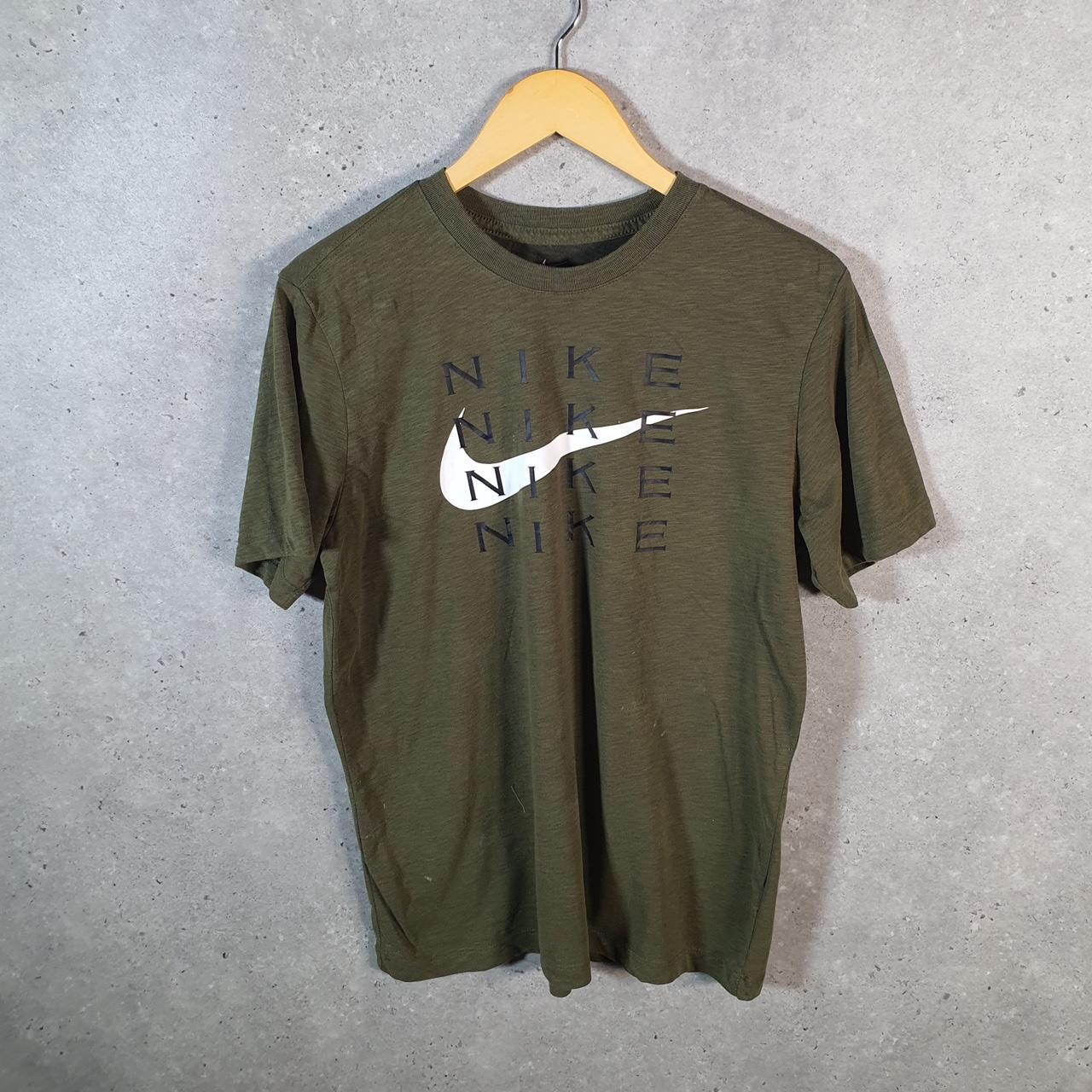 Vintage Nike Dri Fit Spellout T Shirt Shirt Men’s Medium Khaki Green Swoosh Logo Athletic C9749