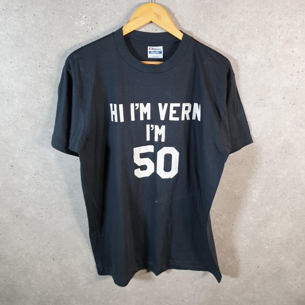 Vintage Hanes I’m Vern I’m 50 90s USA Single Stitch T Shirt Men’s XL Black C8063