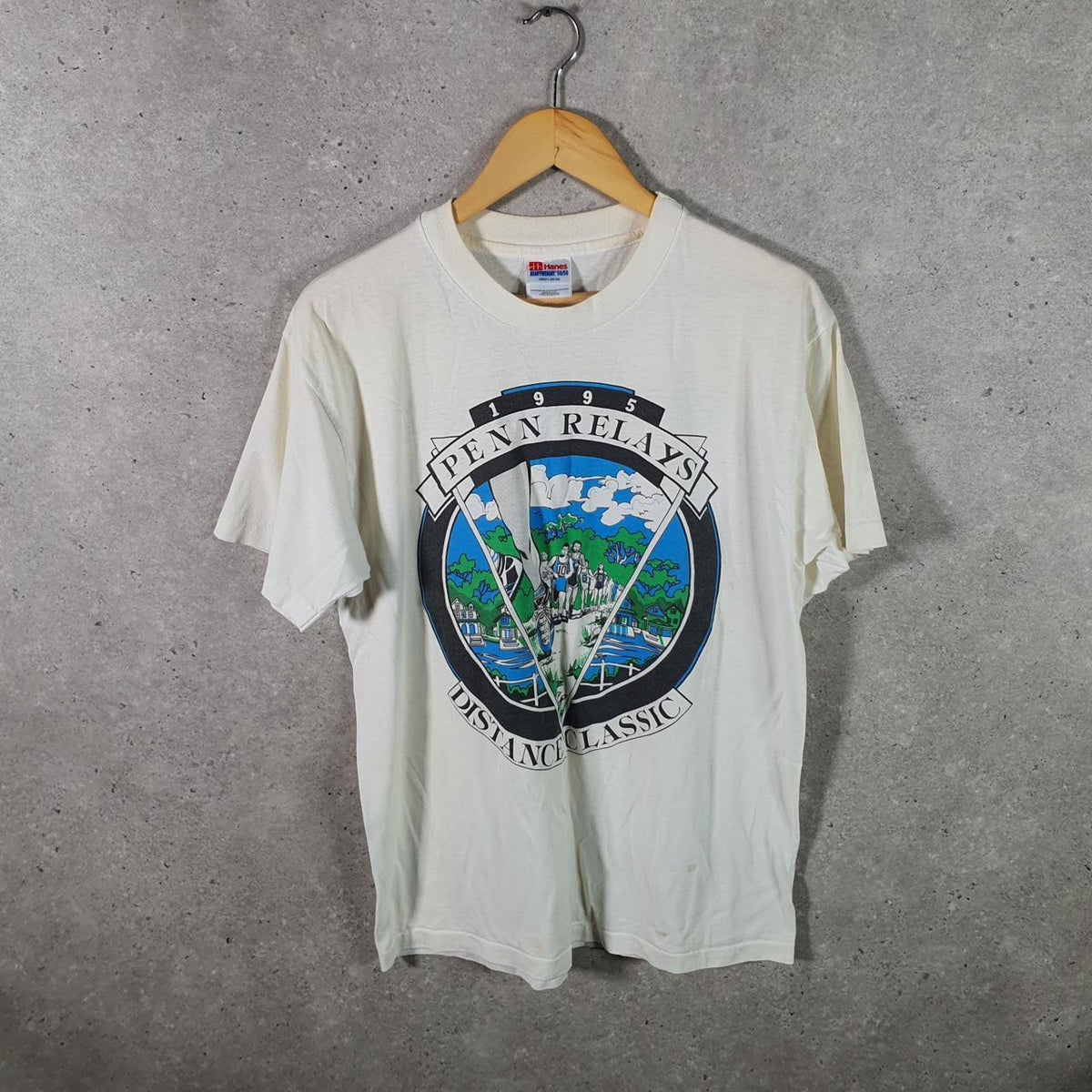 Vintage Hanes 50/50 1995 Penn Relays USA Single Stitch T Shirt Men’s Large White Big Fish Vintage