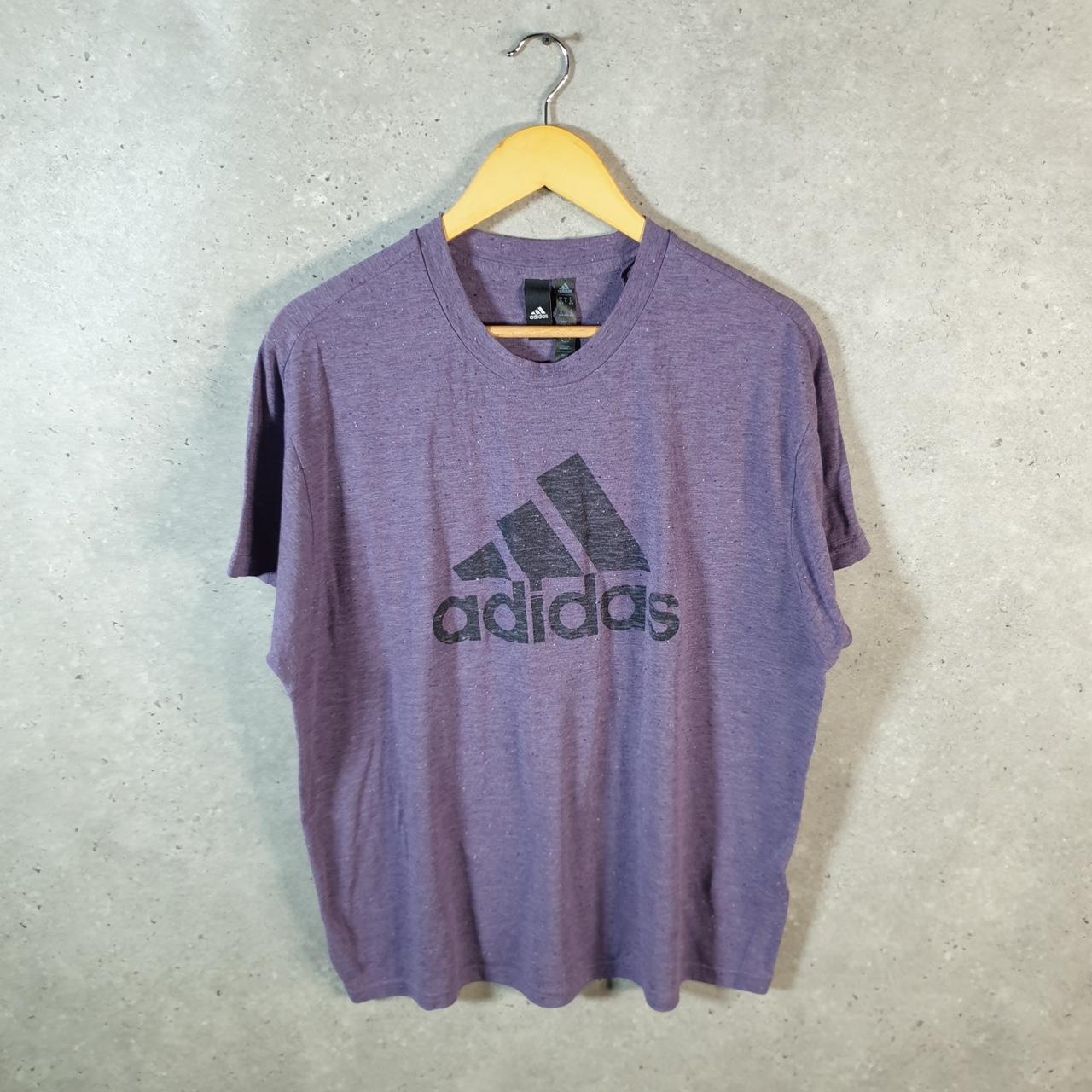 Vintage Adidas Spell out Sustainable T Shirt Womens XL Purple Three Stripes Logo Athletic