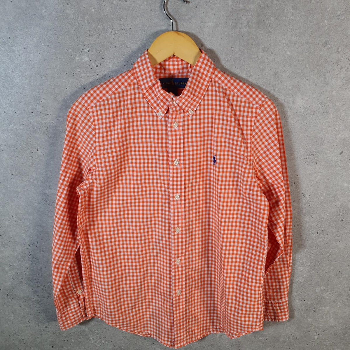 Vintage Ralph Lauren Button Down Shirt Womens Large Orange Checkered Cotton Pony