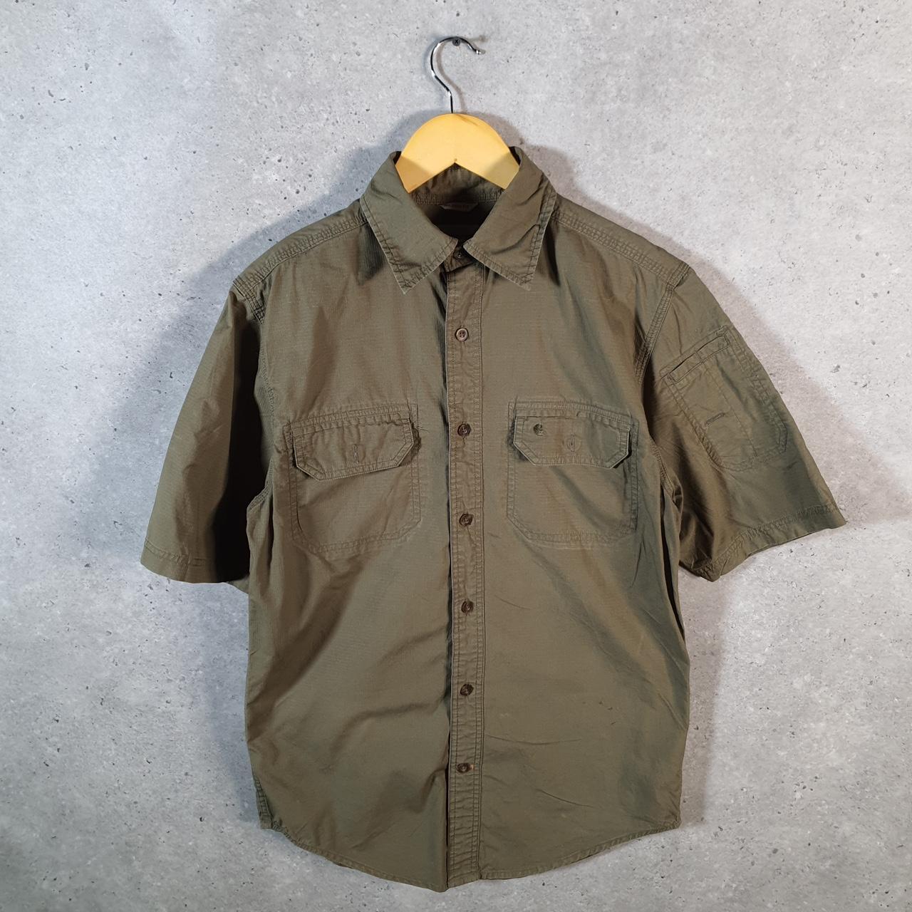 Vintage Carhartt Shirt Button Down Mens Small Khaki Green Short Sleeve Chore Utility Relaxed