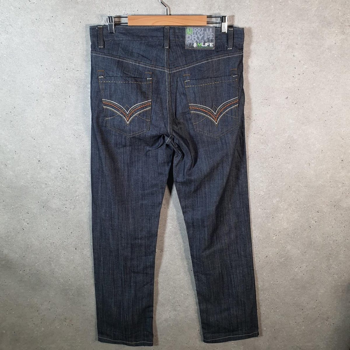 Vintage Mlife Baggy Y2K Hip Hop Jeans Mens W34 32 Blue Embroidered Denim Big Fish Vintage