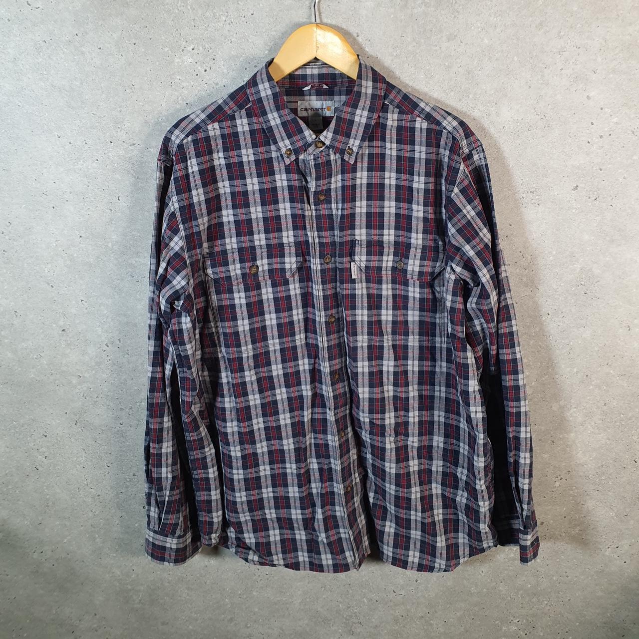 Vintage Carhartt Shirt Button Down Mens Large Blue Checkered Chore Utility Relaxed - Big Fish Vintage