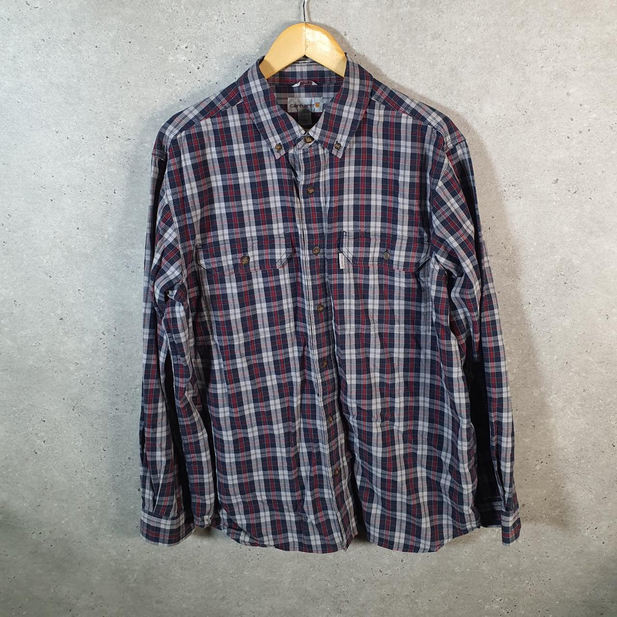 Vintage Carhartt Shirt Button Down Mens Large Blue Checkered Chore Utility Relaxed - Big Fish Vintage