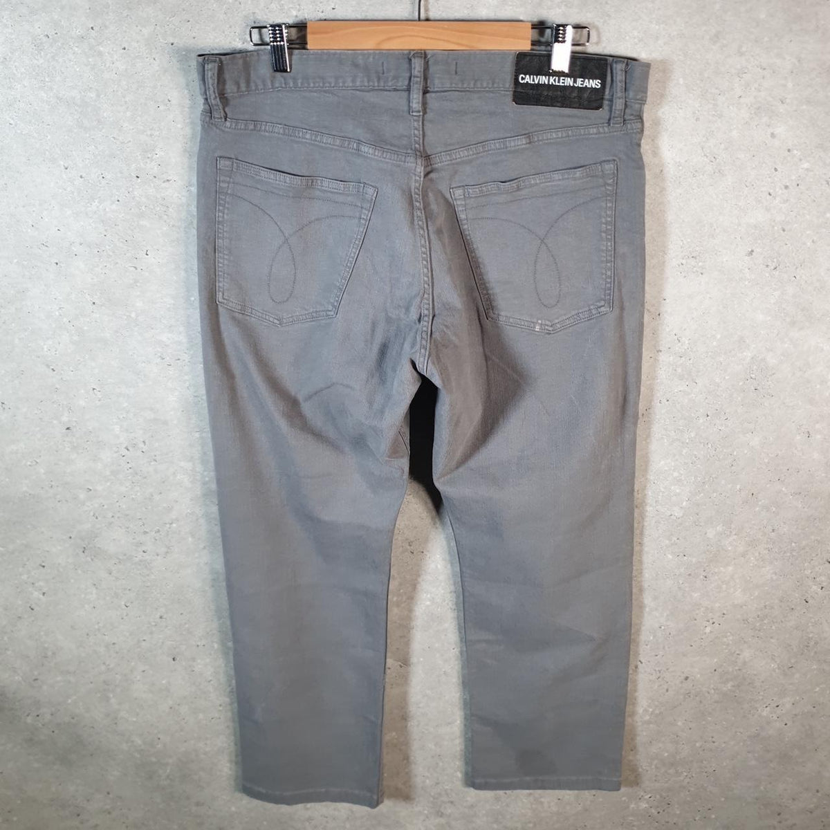 Vintage Calvin Klein Y2K Embroidered Jeans Mens W36 L27 Grey Hip Hop Pattern Pocket Big Fish Vintage
