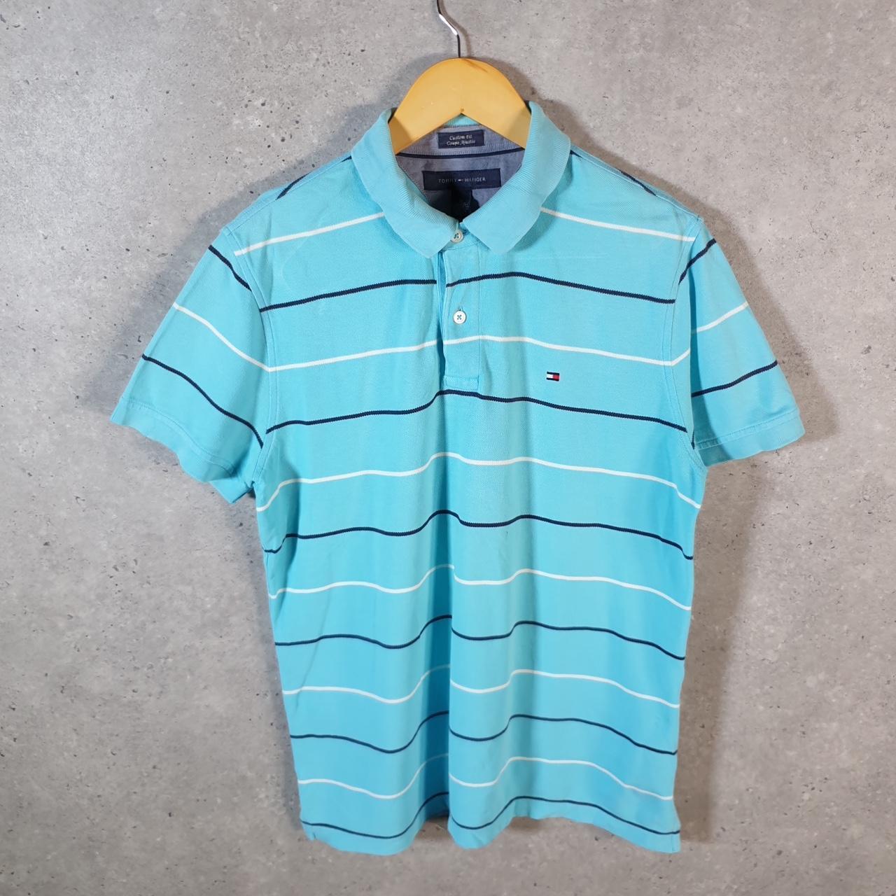 Vintage Tommy Hilfiger Polo Shirt Men’s Medium Blue Striped Custom Fit Embroidered Logo