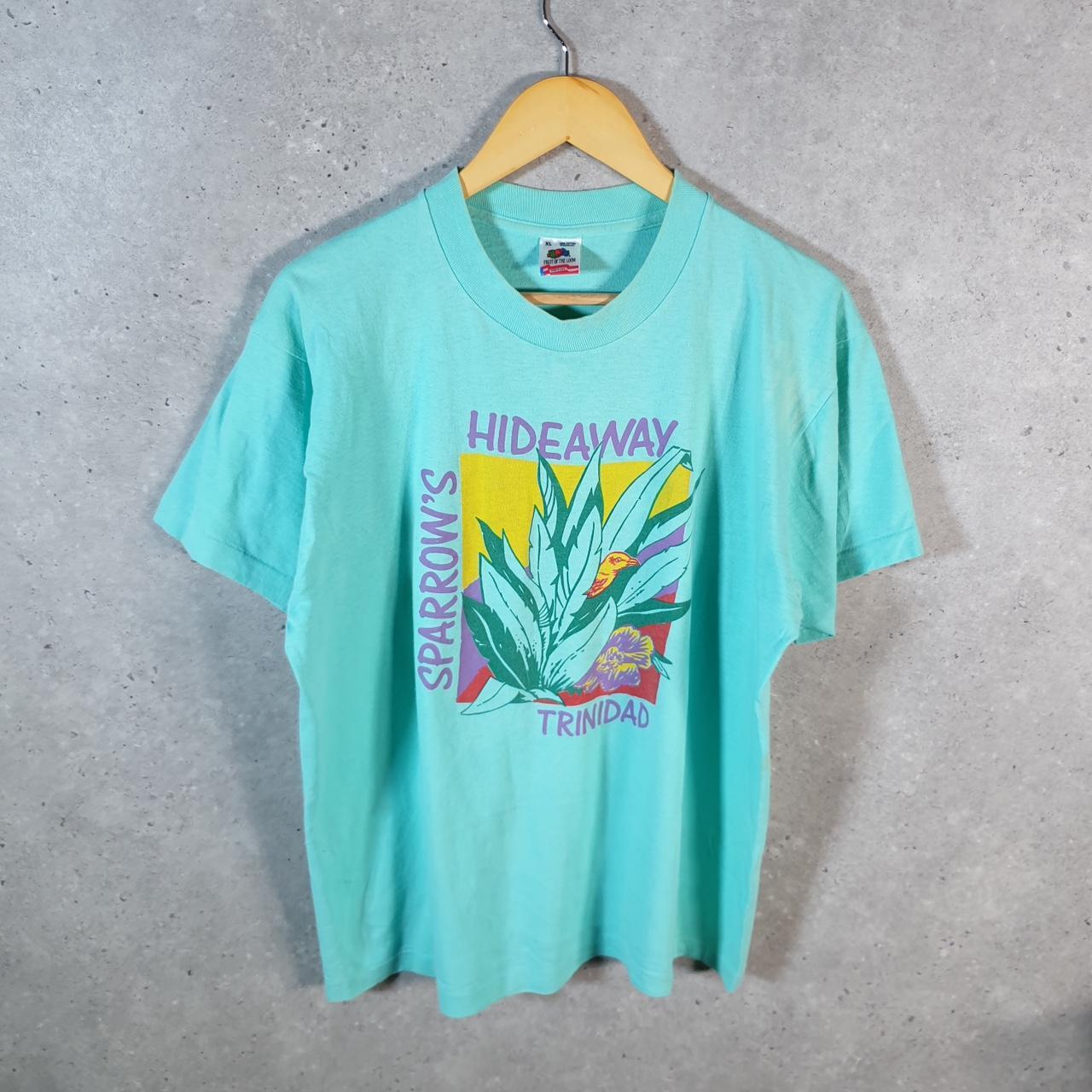 Vintage Fruit of the Loom Sharrons Hideaway Trinidad 90s Single Stitch T Shirt Men’s XL Blue