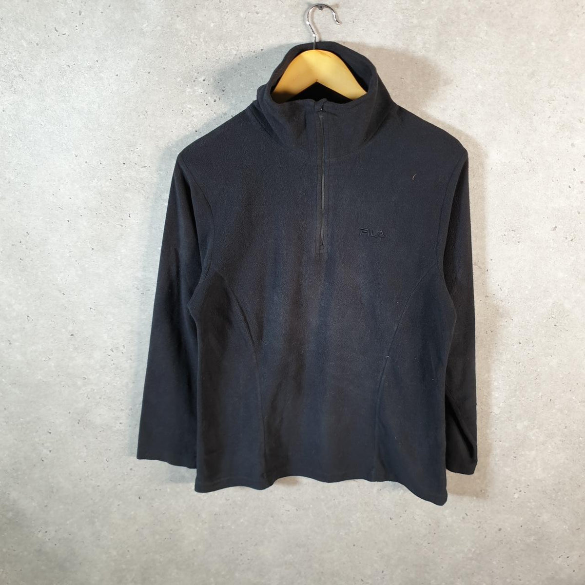 Vintage Fila Teddy Fleece Sweatshirt Womens Large 1/4 Zip Black Logo Winter