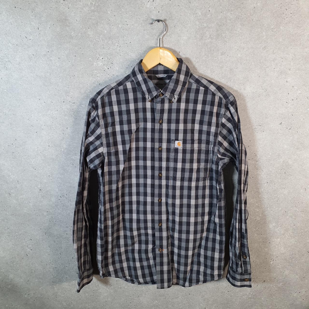 Vintage Carhartt Shirt Button Down Mens Small Grey Checkered Chore Utility Relaxed - Big Fish Vintage