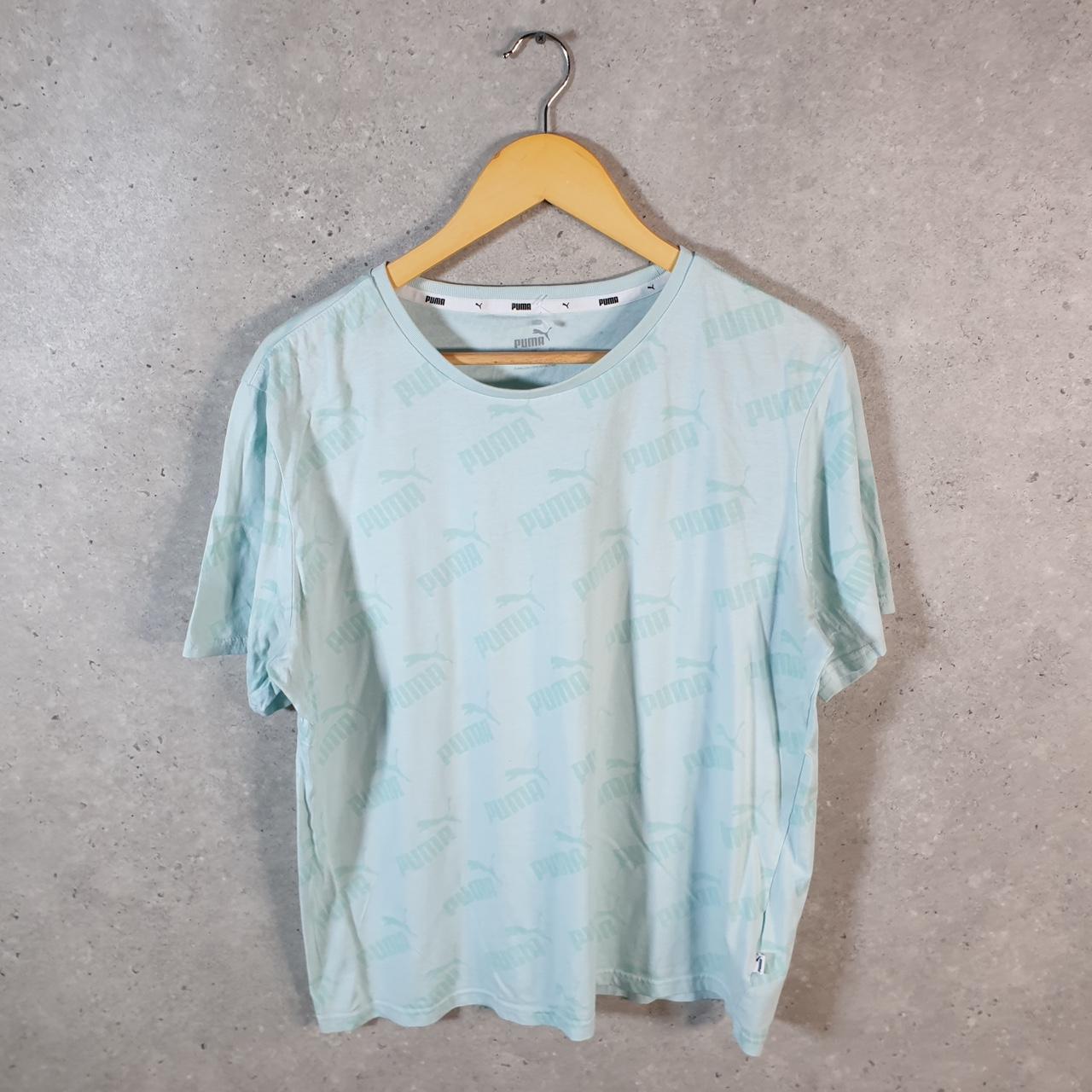 Vintage Puma Spellout T Shirt Womens Blue Large All Over Print Logo Athletic C9696