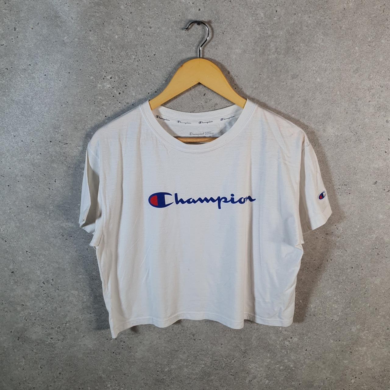 Vintage Champion Spellout Logo Cropped T Shirt Womens Medium White Athletic C9845