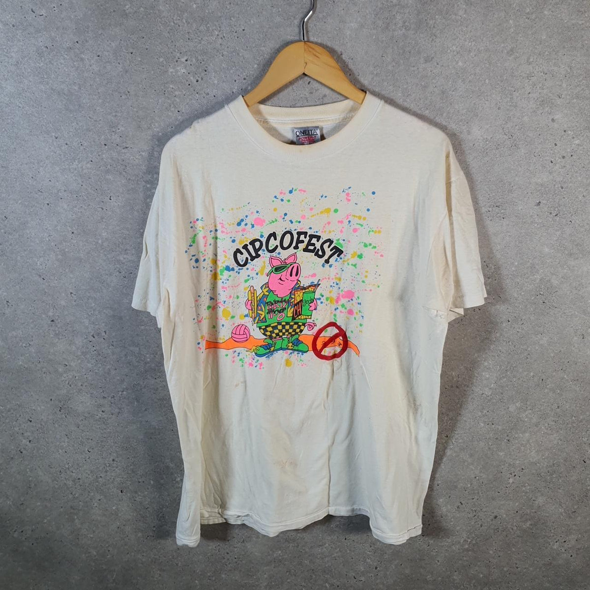 Vintage Oneita Power Cipcofest Pig T Single Stitch T Shirt Men’s XL White Big Fish Vintage