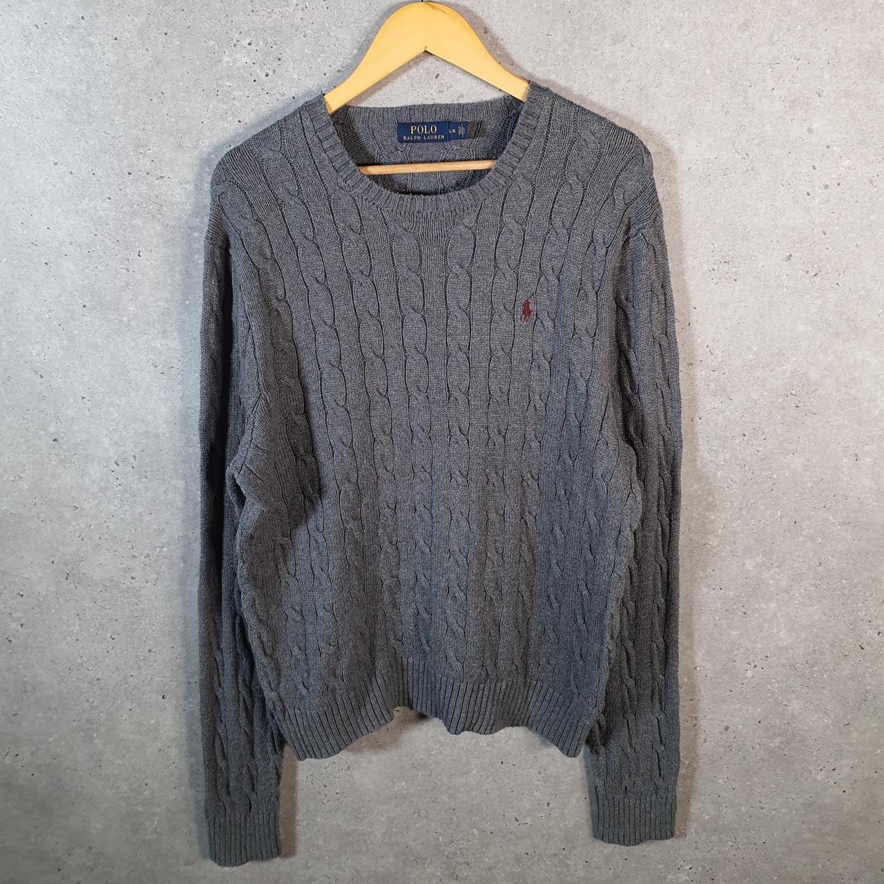 Vintage Ralph Lauren Polo Cable Knit Heavyweight Sweatshirt Womens Large Grey Pony C8855