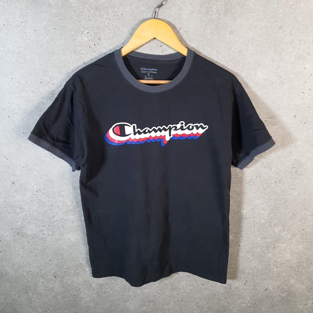 Vintage Champion Embroidered Logo T Shirt Men’s Medium Black Athletic