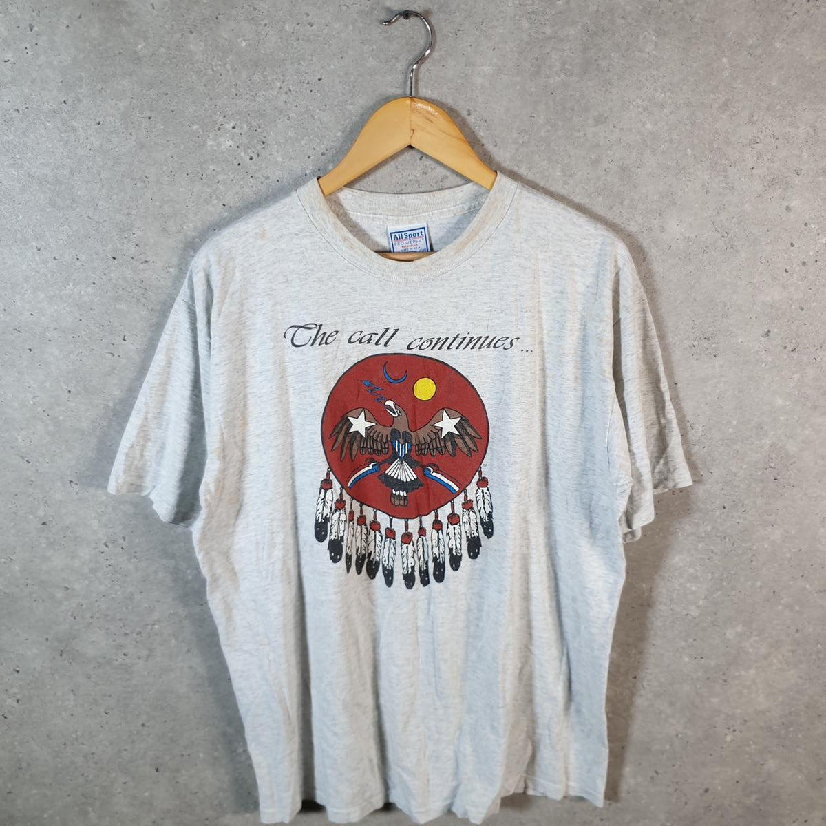 Vintage AllSport USA The Call Continues Bird Graphic Single Stitch T Shirt Men’s XL Grey Big Fish Vintage