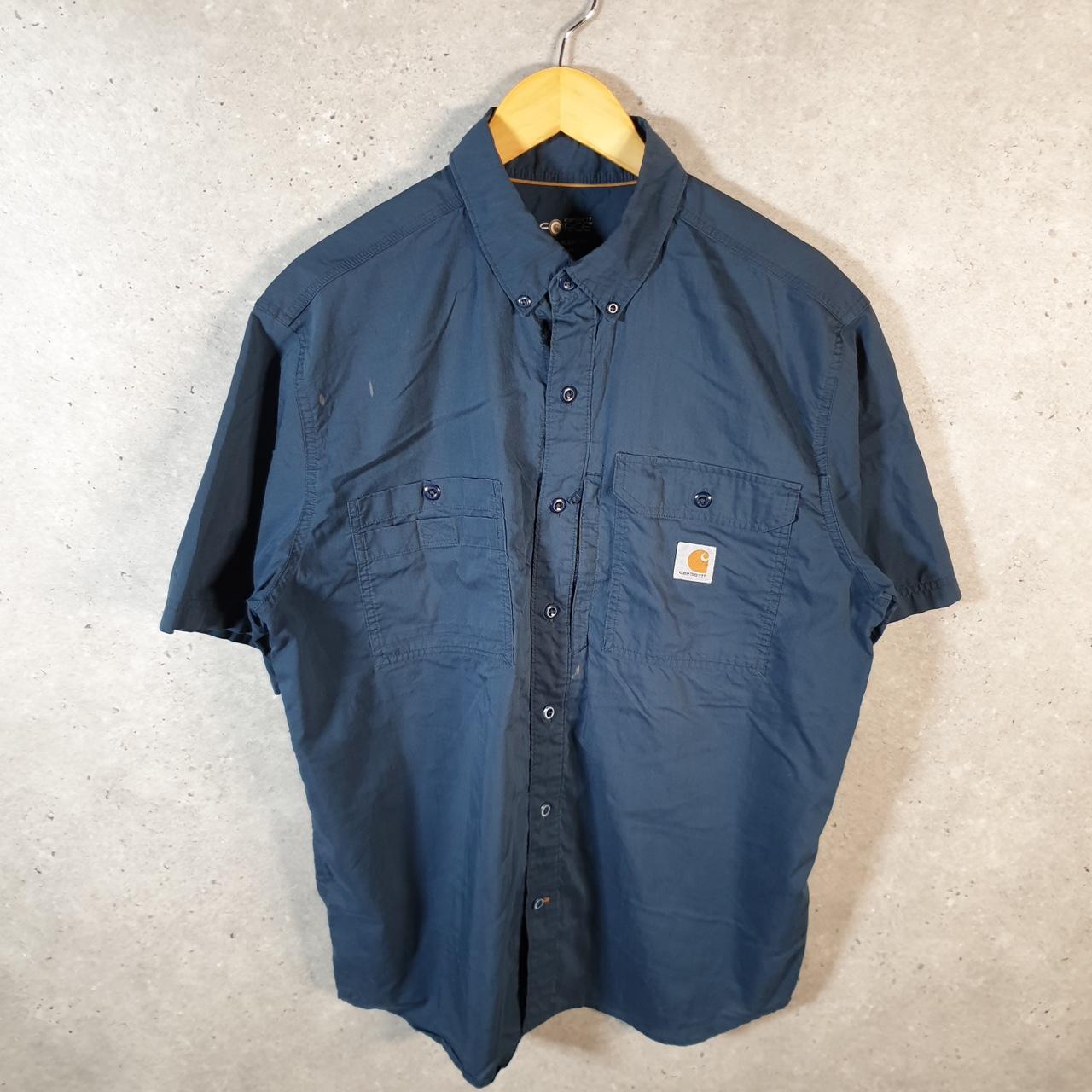 Vintage Carhartt Shirt Button Down Mens Large Navy Blue Short Sleeve Utility Relaxed Fit
