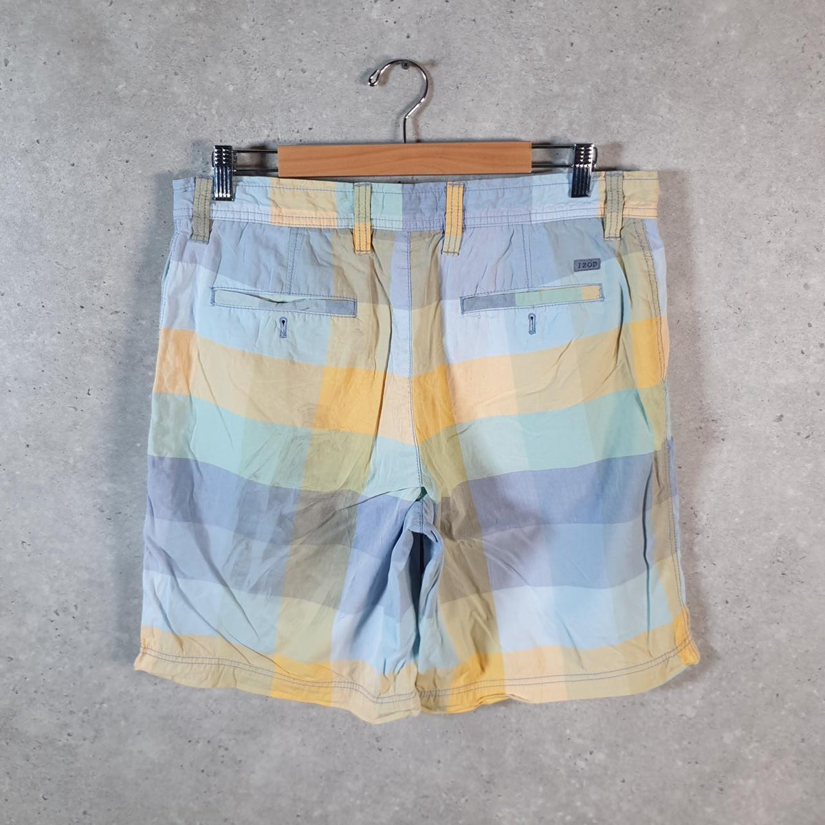 Vintage Izod Golf Chino Shorts Jorts Cargo Men’s W34 Blue Checkered Baggy Cotton