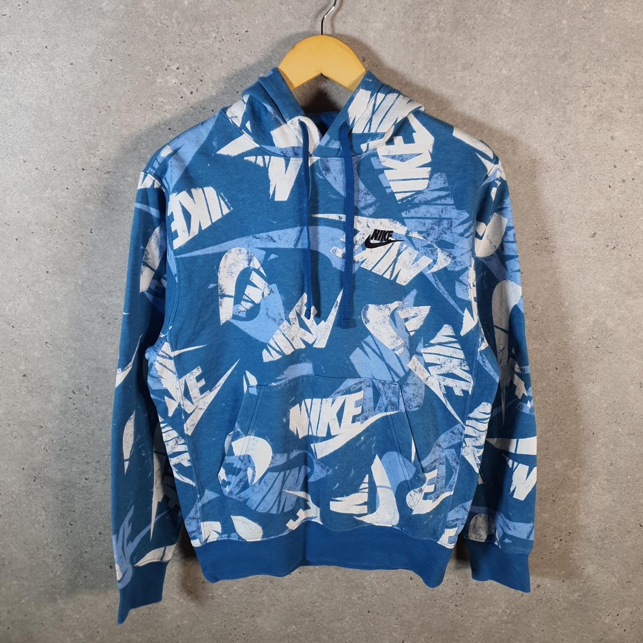 Vintage Nike Club All Over Print AOP Hoodie Men’s XS Blue Swoosh Y2K Pullover