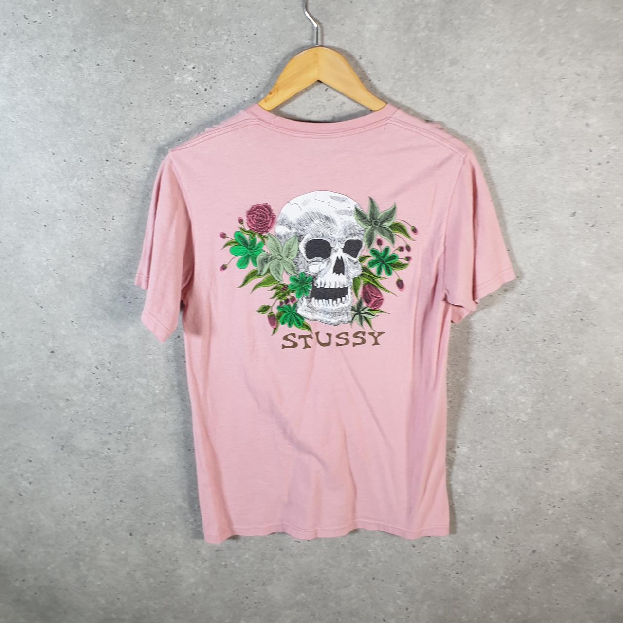 Vintage Stussy Spellout Skull Printed T Shirt Men’s Small Pink Graphic Short Sleeve Big Fish Vintage