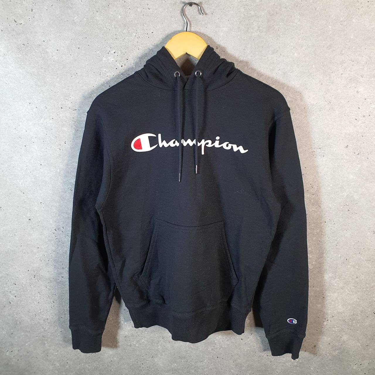 Vintage Champion Hoodie Men’s Small Black USA Pullover Spellout Logo