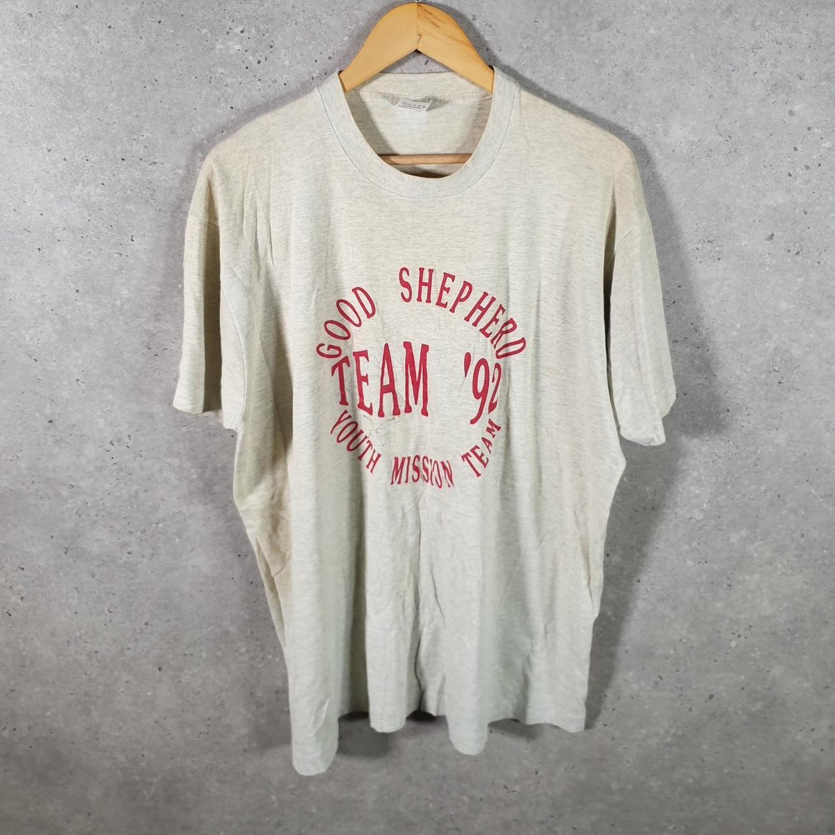 Vintage Best Fruit of the Loom Good Shepherd 1992 USA Single Stitch T Shirt Men’s XL Grey Big Fish Vintage