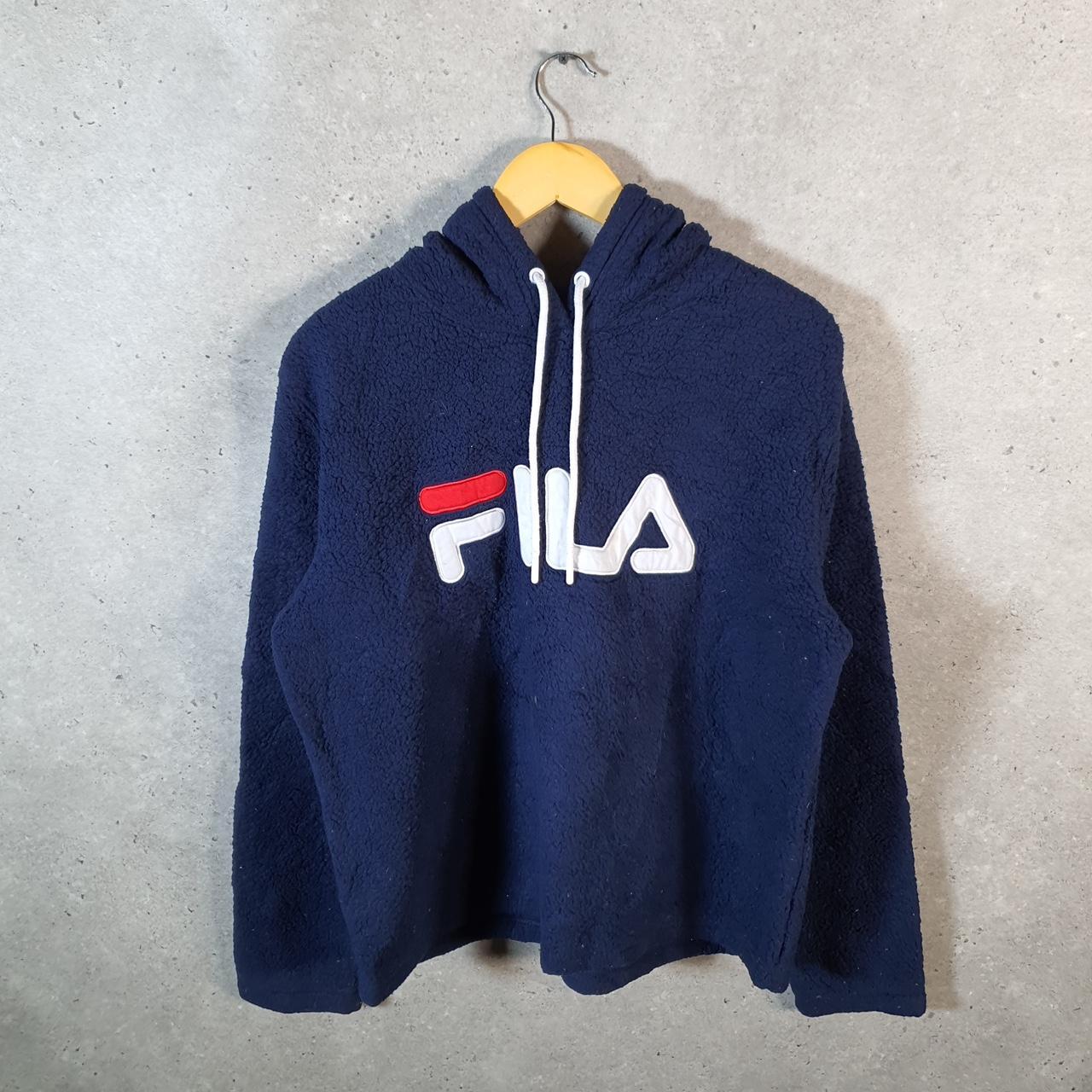 Vintage Fila Pullover Fleece Hoodie Womens Large Navy Blue Teddy Logo