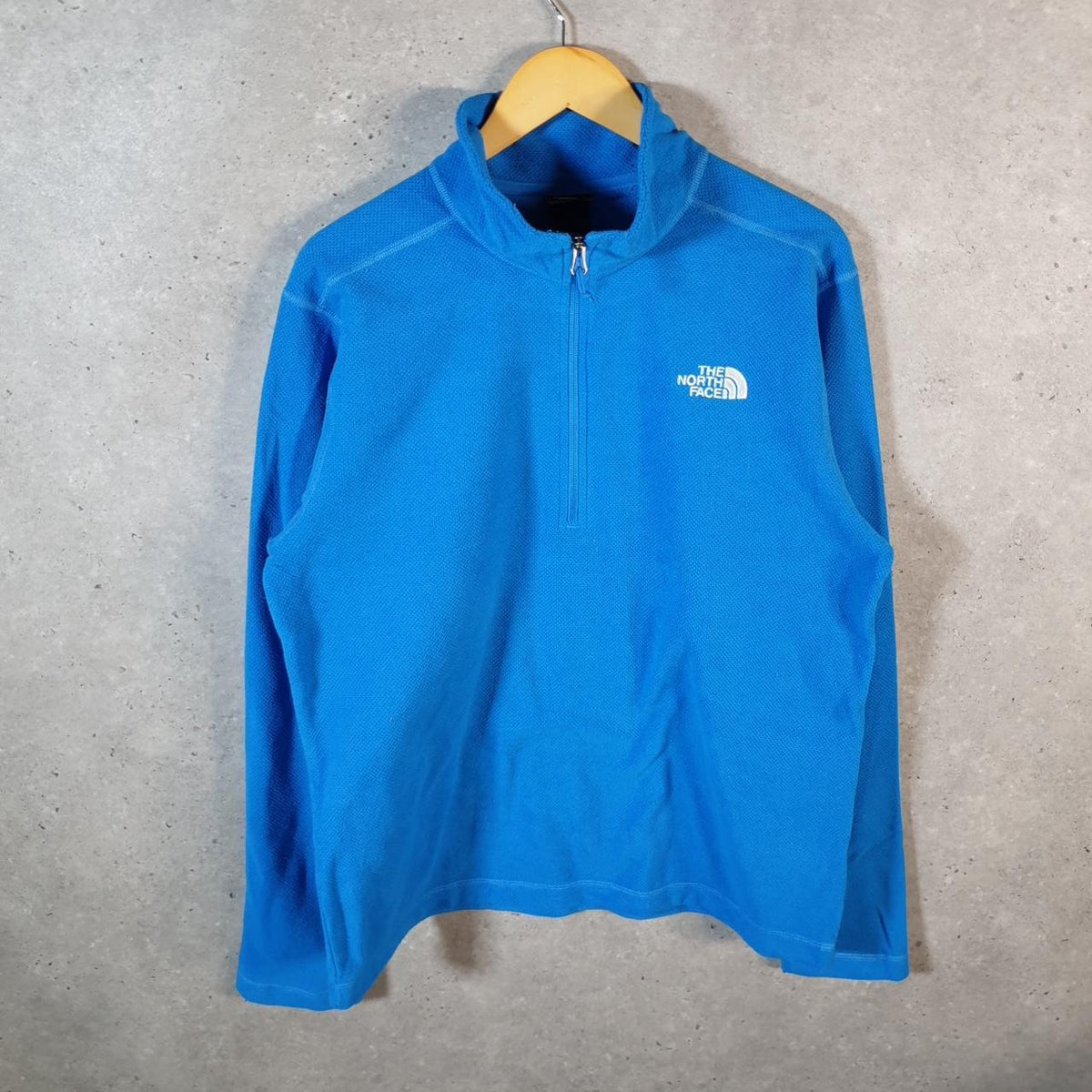 Vintage The North Face TNF Teddy Fleece Sweatshirt Mens Large 1/4 Zip Blue Logo Winter