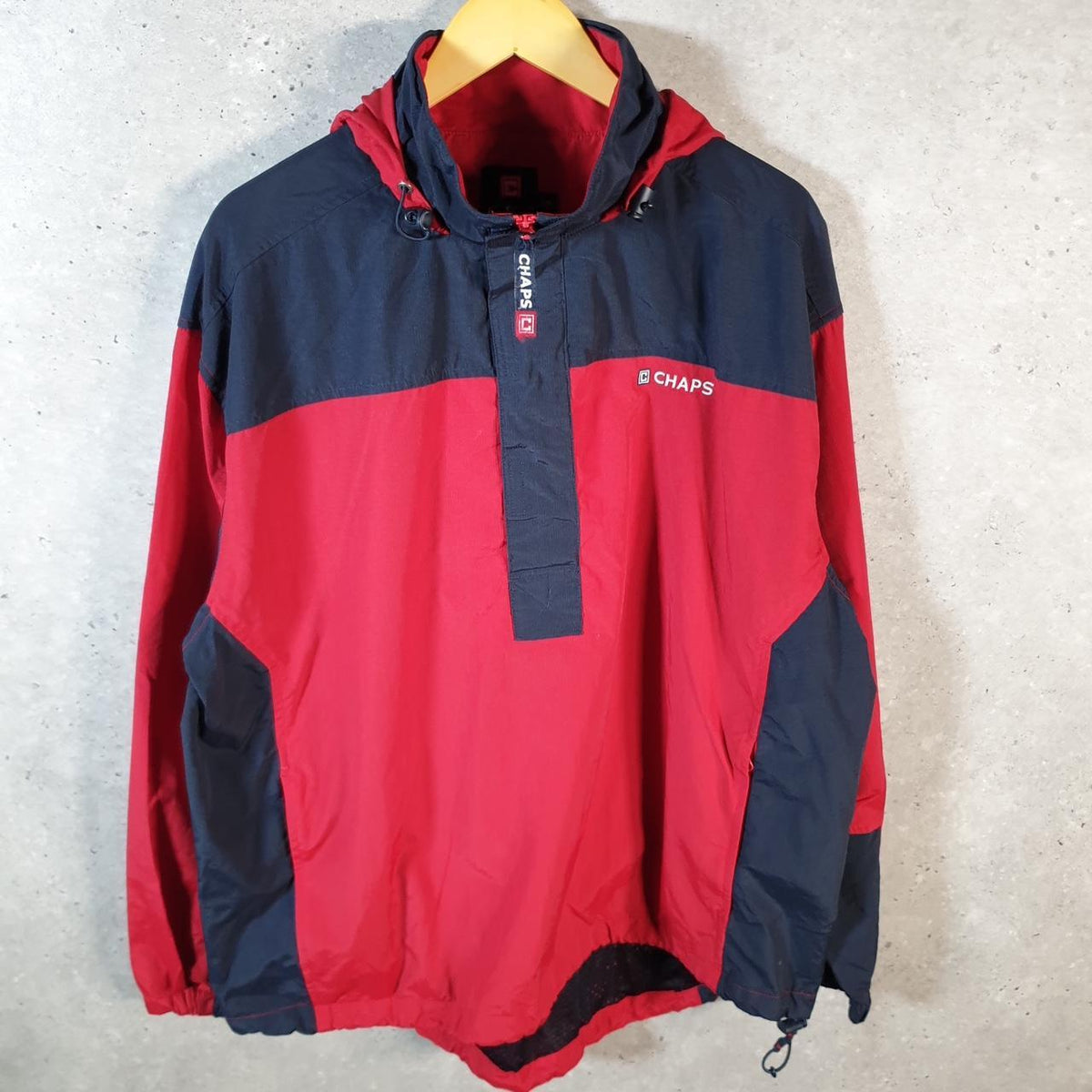 Vintage Chaps Ralph Lauren Windbreaker Track Jacket Mens Large Red Logo 1/4 Zip Hooded