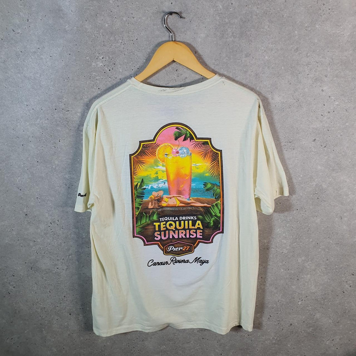 Vintage Pier27 Tequila Sunrise Cancun Riviera Maya T Shirt Men’s XL White Casual Logo